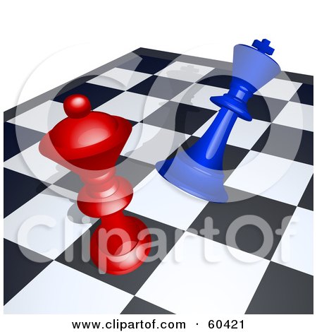 Royalty-Free (RF) Clipart Illustration of a Red Chess Piece Knocking Down A Blue Piece On A Board by Oligo