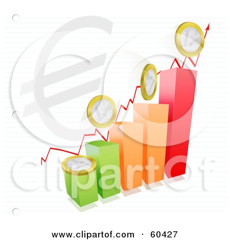 Royalty-Free (RF) Clipart Illustration of a Colorful Bar Graph With An Arrow, Euro Symbol And Coins On Paper by Oligo