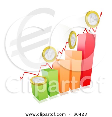 Royalty-Free (RF) Clipart Illustration of a Colorful Bar Graph With Coins And An Arrow And A Large Euro Symbol by Oligo