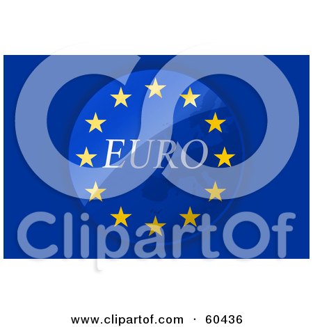 Royalty-Free (RF) Clip Art Illustration of a Blue And Yellow Euro Flag Background With Circling Stars And A Map by Oligo