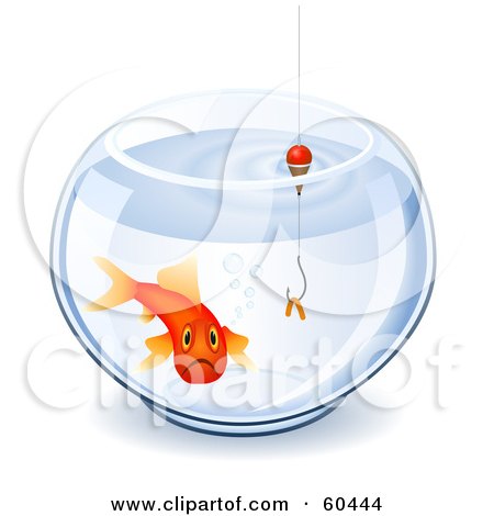 Royalty-Free (RF) Clipart Illustration of a Depressed Goldfish In A Bowl With A Worm On A Hook by Oligo