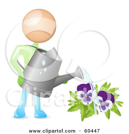 Royalty-Free (RF) Clipart Illustration of a Man Holding A Can And Watering Purple Pansies by Oligo