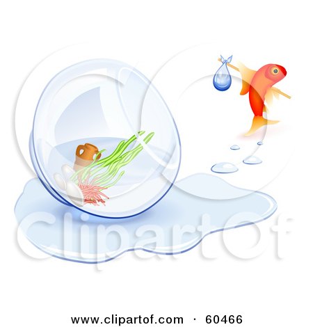 Royalty-Free (RF) Clipart Illustration of a Homeless Goldfish Leaving His Tipped Over Bowl Behind by Oligo