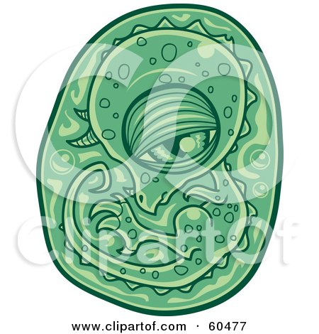 Royalty-Free (RF) Clipart Illustration of a Cute Green Dinosaur Embryo Curled In A Fetal Position by John Schwegel