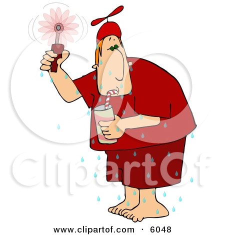 Hot Man Drinking a Cold Beverage and Using a Hand Held Fan Clipart Picture by djart
