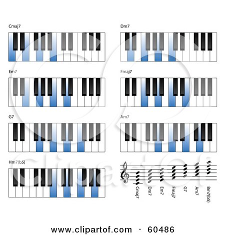 Royalty-Free (RF) Clipart Illustration of a Digital Collage Of Blue And White Piano Key Chords by TA Images