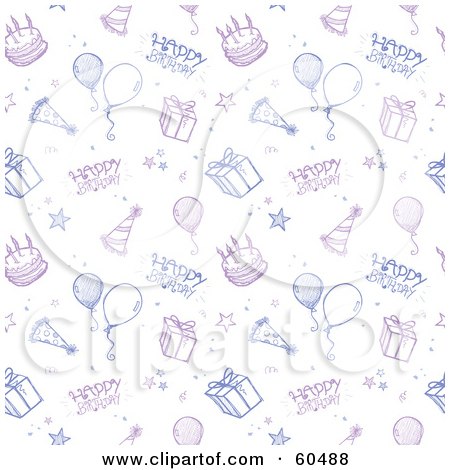 Royalty-Free (RF) Clipart Illustration of a Happy Birthday Background Of Cakes, Balloons, And Presents On White by TA Images