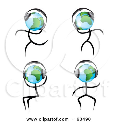 Royalty-Free (RF) Clipart Illustration of a Digital Collage Of Globe Dudes Dancing While Listening To Music Through Headphones by TA Images