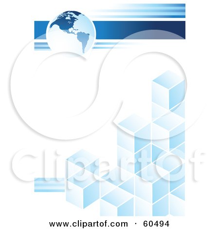 Royalty-Free (RF) Clipart Illustration of a Blue Business Background Of A Globe Over Cubic Graph Bars, On White by TA Images