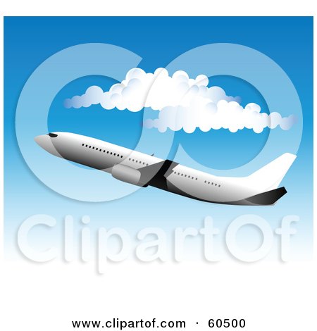 Royalty-Free (RF) Clipart Illustration of a Large Commercial Airliner Plane Flying Near Puffy White Clouds In A Gradient Blue Sky by TA Images