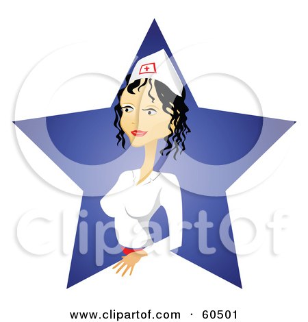 Royalty-Free (RF) Clipart Illustration of a Pretty Nurse With Black Hair, Standing In A Blue Star by TA Images