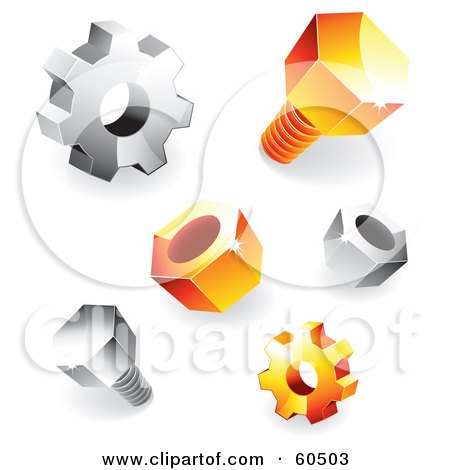 Royalty-Free (RF) Clipart Illustration of a Digital Collage Of Orange And Silver Shiny 3d Gears, Nuts And Bolts by TA Images