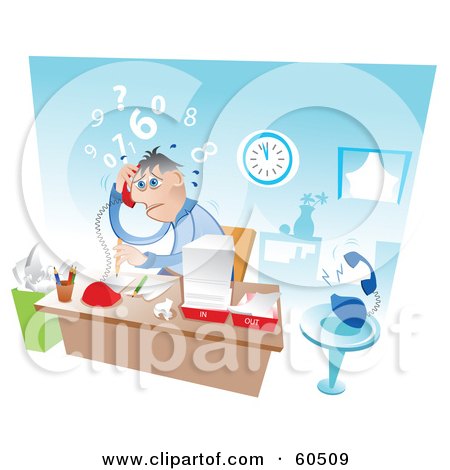 Royalty-Free (RF) Clipart Illustration of an Overwhelmed Business Man Talking On The Phone While Filling Out A Giant Stack Of Paperwork by TA Images