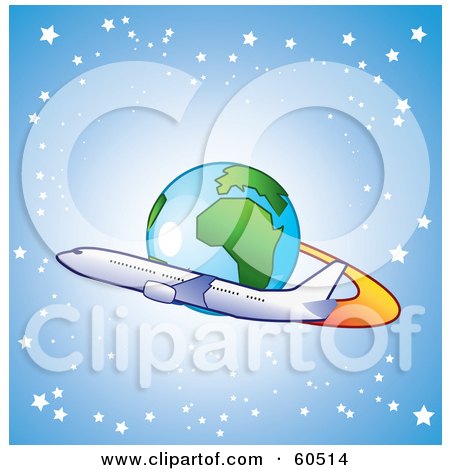 Royalty-Free (RF) Clipart Illustration of a Large Commercial Airliner Plane Circling Around Earth Against A Starry Light Blue Background by TA Images