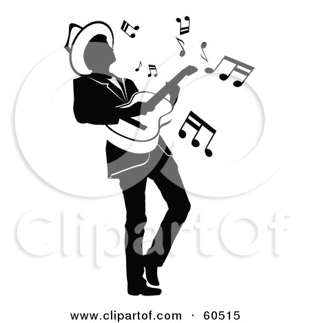 Royalty-Free (RF) Clipart Illustration of a Partial Silhouetted Man Leaning Back While Playing A Guitar by TA Images