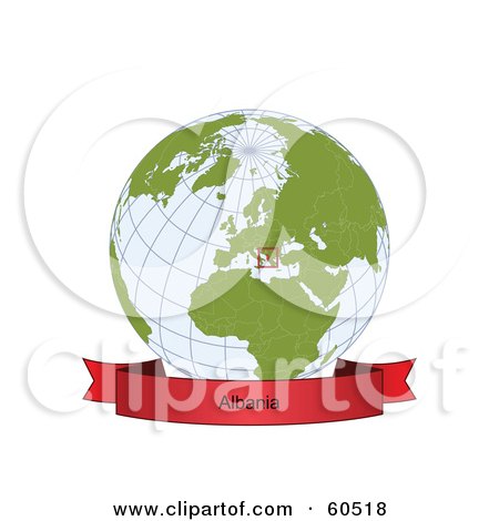 Royalty-Free (RF) Clipart Illustration of a Red Albania Banner Along The Bottom Of A Grid Globe by Michael Schmeling