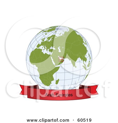 Royalty-Free (RF) Clipart Illustration of a Red Arab Emirates Banner Along The Bottom Of A Grid Globe by Michael Schmeling