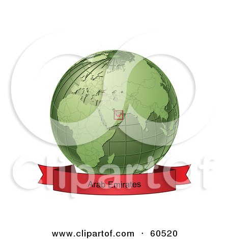 Royalty-Free (RF) Clipart Illustration of a Red Arab Emirates Banner Along The Bottom Of A Green Grid Globe by Michael Schmeling