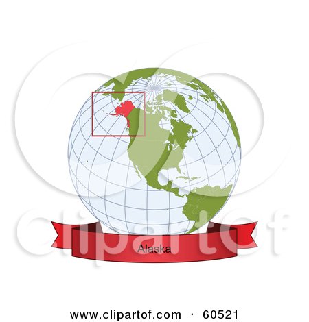 Royalty-Free (RF) Clipart Illustration of a Red Alaska Banner Along The Bottom Of A Grid Globe by Michael Schmeling