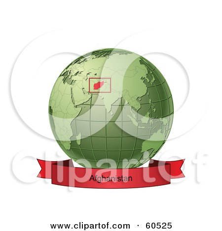 Royalty-Free (RF) Clipart Illustration of a Red Afghanistan Banner Along The Bottom Of A Green Grid Globe by Michael Schmeling