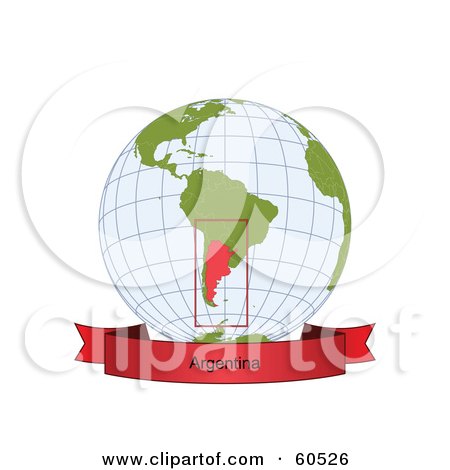 Royalty-Free (RF) Clipart Illustration of a Red Argentina Banner Along The Bottom Of A Grid Globe by Michael Schmeling