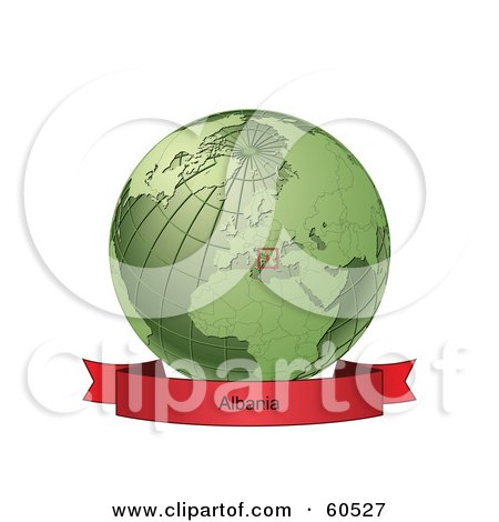 Royalty-Free (RF) Clipart Illustration of a Red Albania Banner Along The Bottom Of A Green Grid Globe by Michael Schmeling
