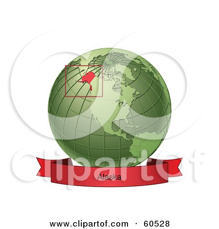 Royalty-Free (RF) Clipart Illustration of a Red Alaska Banner Along The Bottom Of A Green Grid Globe by Michael Schmeling
