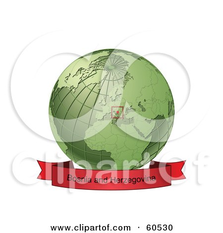 Royalty-Free (RF) Clipart Illustration of a Red Bosnia And Herzegovina Banner Along The Bottom Of A Green Grid Globe by Michael Schmeling