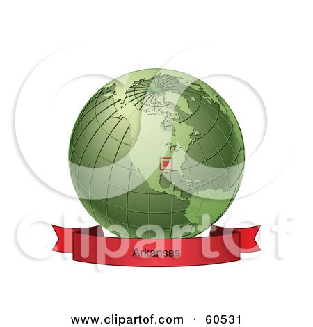 Royalty-Free (RF) Clipart Illustration of a Red Arkansas Banner Along The Bottom Of A Green Grid Globe by Michael Schmeling