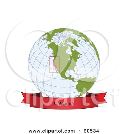 Royalty-Free (RF) Clipart Illustration of a Red California Banner Along The Bottom Of A Grid Globe by Michael Schmeling