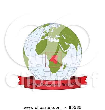 Royalty-Free (RF) Clipart Illustration of a Red Congo Democratic Republic Banner Along The Bottom Of A Grid Globe by Michael Schmeling