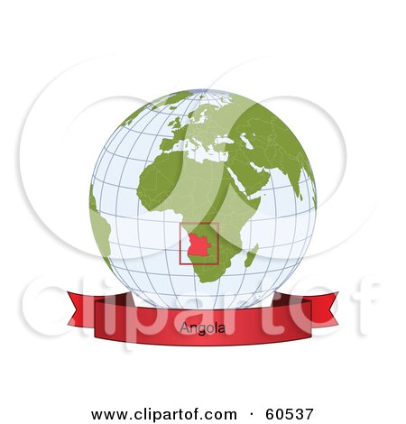 Royalty-Free (RF) Clipart Illustration of a Red Angola Banner Along The Bottom Of A Grid Globe by Michael Schmeling
