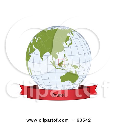 Royalty-Free (RF) Clipart Illustration of a Red Brunei Banner Along The Bottom Of A Grid Globe by Michael Schmeling