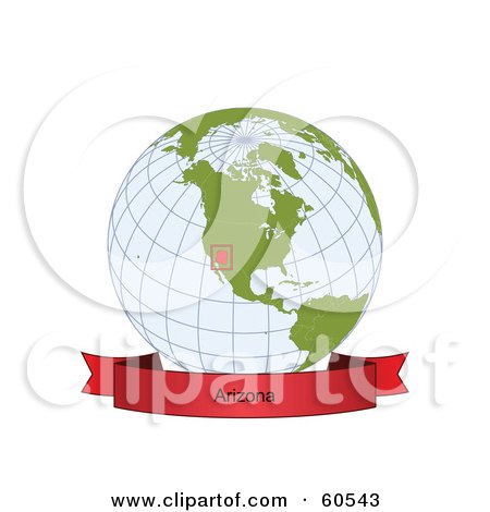 Royalty-Free (RF) Clipart Illustration of a Red Arizona Banner Along The Bottom Of A Grid Globe by Michael Schmeling