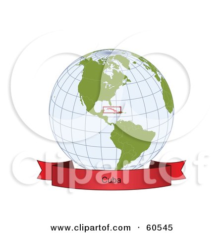 Royalty-Free (RF) Clipart Illustration of a Red Cuba Banner Along The Bottom Of A Grid Globe by Michael Schmeling