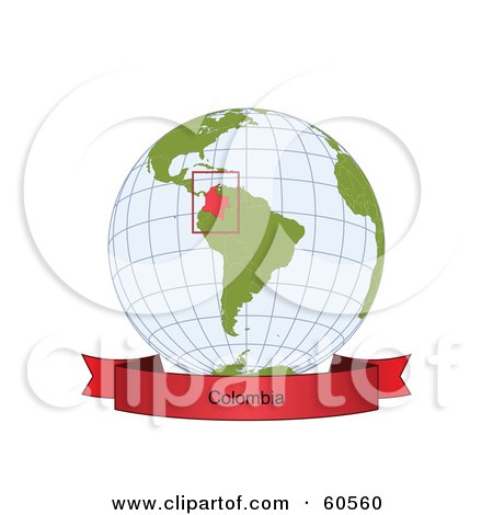 Royalty-Free (RF) Clipart Illustration of a Red Colombia Banner Along The Bottom Of A Grid Globe by Michael Schmeling
