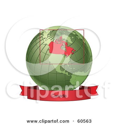 Royalty-Free (RF) Clipart Illustration of a Red Canada Banner Along The Bottom Of A Green Grid Globe by Michael Schmeling