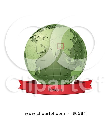 Royalty-Free (RF) Clipart Illustration of a Red Bhutan Banner Along The Bottom Of A Green Grid Globe by Michael Schmeling