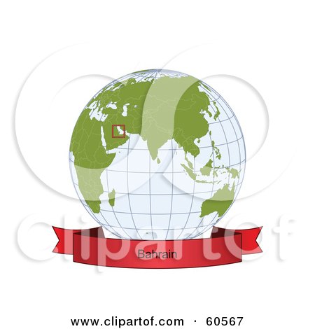 Royalty-Free (RF) Clipart Illustration of a Red Bahrain Banner Along The Bottom Of A Grid Globe by Michael Schmeling