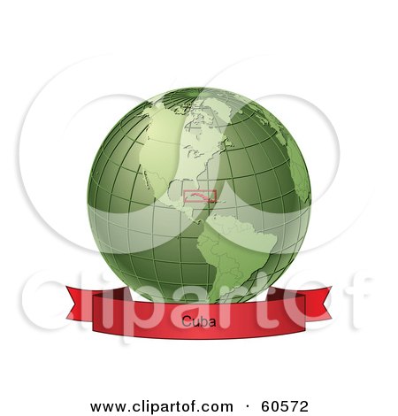 Royalty-Free (RF) Clipart Illustration of a Red Cuba Banner Along The Bottom Of A Green Grid Globe by Michael Schmeling