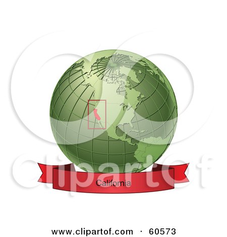Royalty-Free (RF) Clipart Illustration of a Red California Banner Along The Bottom Of A Green Grid Globe by Michael Schmeling