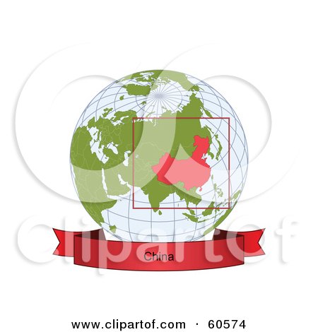 Royalty-Free (RF) Clipart Illustration of a Red China Banner Along The Bottom Of A Grid Globe by Michael Schmeling