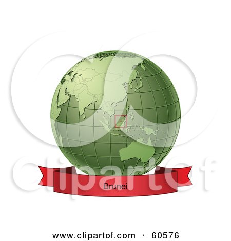 Royalty-Free (RF) Clipart Illustration of a Red Brunei Banner Along The Bottom Of A Green Grid Globe by Michael Schmeling