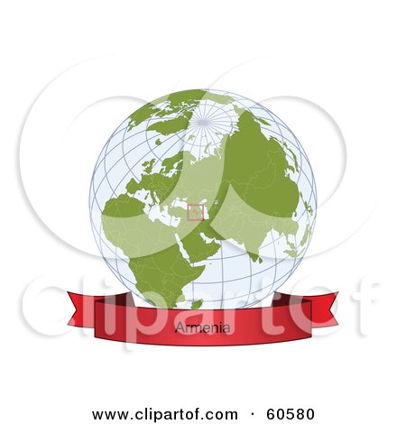 Royalty-Free (RF) Clipart Illustration of a Red Armenia Banner Along The Bottom Of A Grid Globe by Michael Schmeling