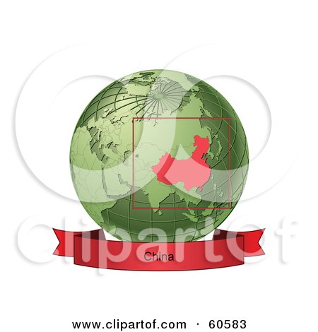 Royalty-Free (RF) Clipart Illustration of a Red China Banner Along The Bottom Of A Green Grid Globe by Michael Schmeling