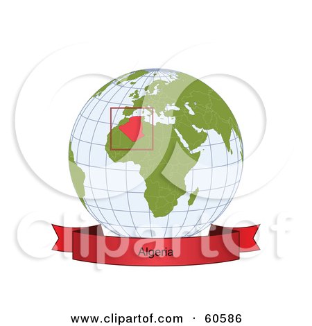 Royalty-Free (RF) Clipart Illustration of a Red Algeria Banner Along The Bottom Of A Grid Globe by Michael Schmeling