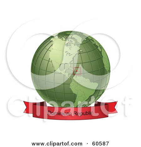 Royalty-Free (RF) Clipart Illustration of a Red Dominican Republic Banner Along The Bottom Of A Green Grid Globe by Michael Schmeling