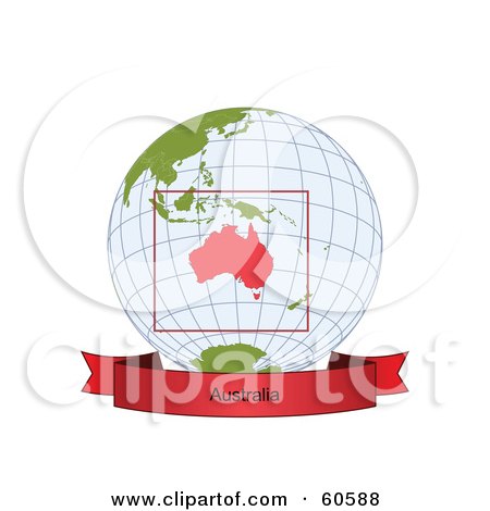Royalty-Free (RF) Clipart Illustration of a Red Australia Banner Along The Bottom Of A Grid Globe by Michael Schmeling