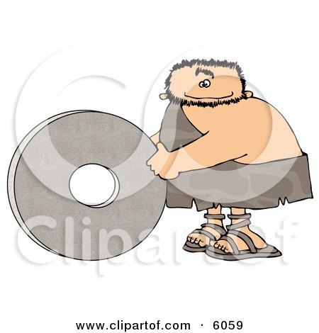 Caveman Rolling a Stone Wheel On the Ground Clipart Picture by djart