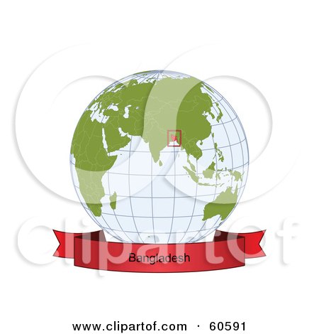 Royalty-Free (RF) Clipart Illustration of a Red Bangladesh Banner Along The Bottom Of A Grid Globe by Michael Schmeling